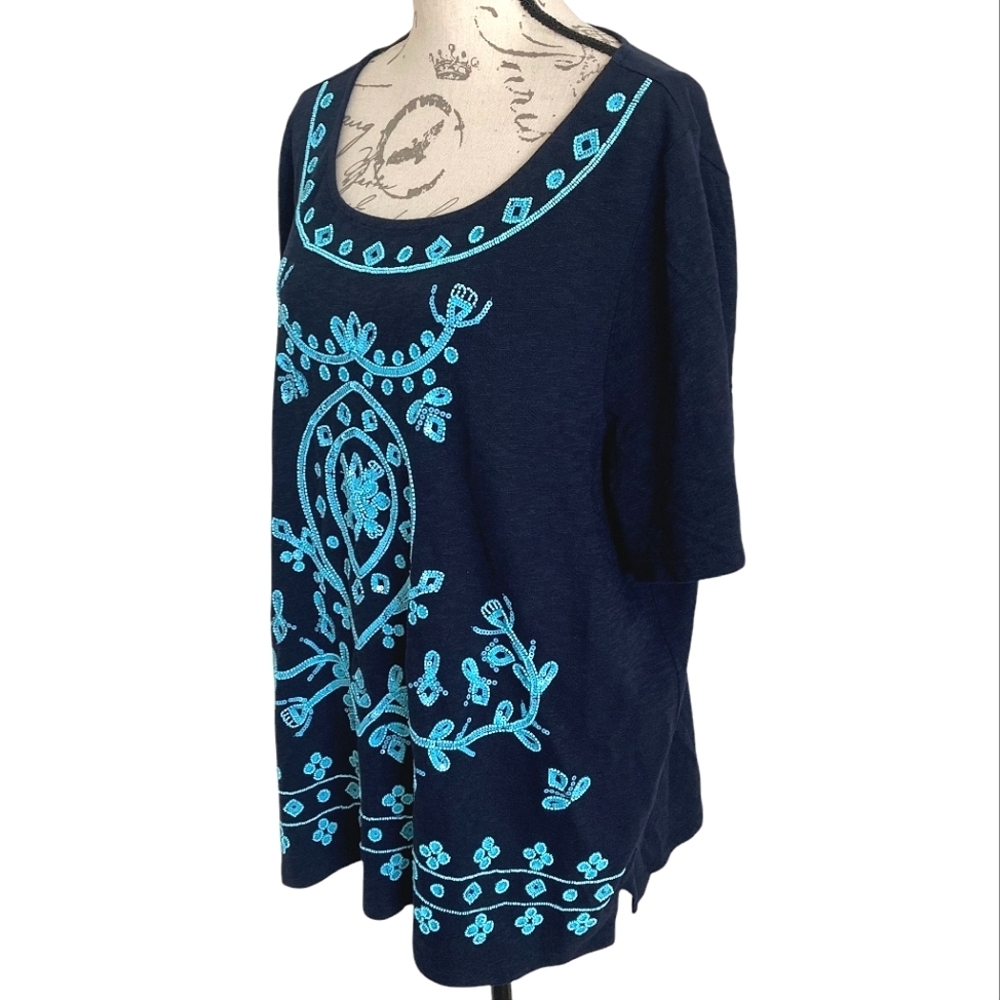 Talbots Beaded embroidered sequin blue tunic boho top 2X Cotton Resort Preppy - Picture 12 of 16